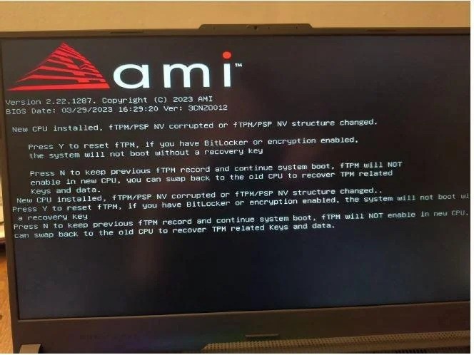 FTPM nv corrupted or ftpm nv structure change