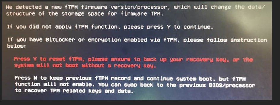 Press Y to reset FTPM not working